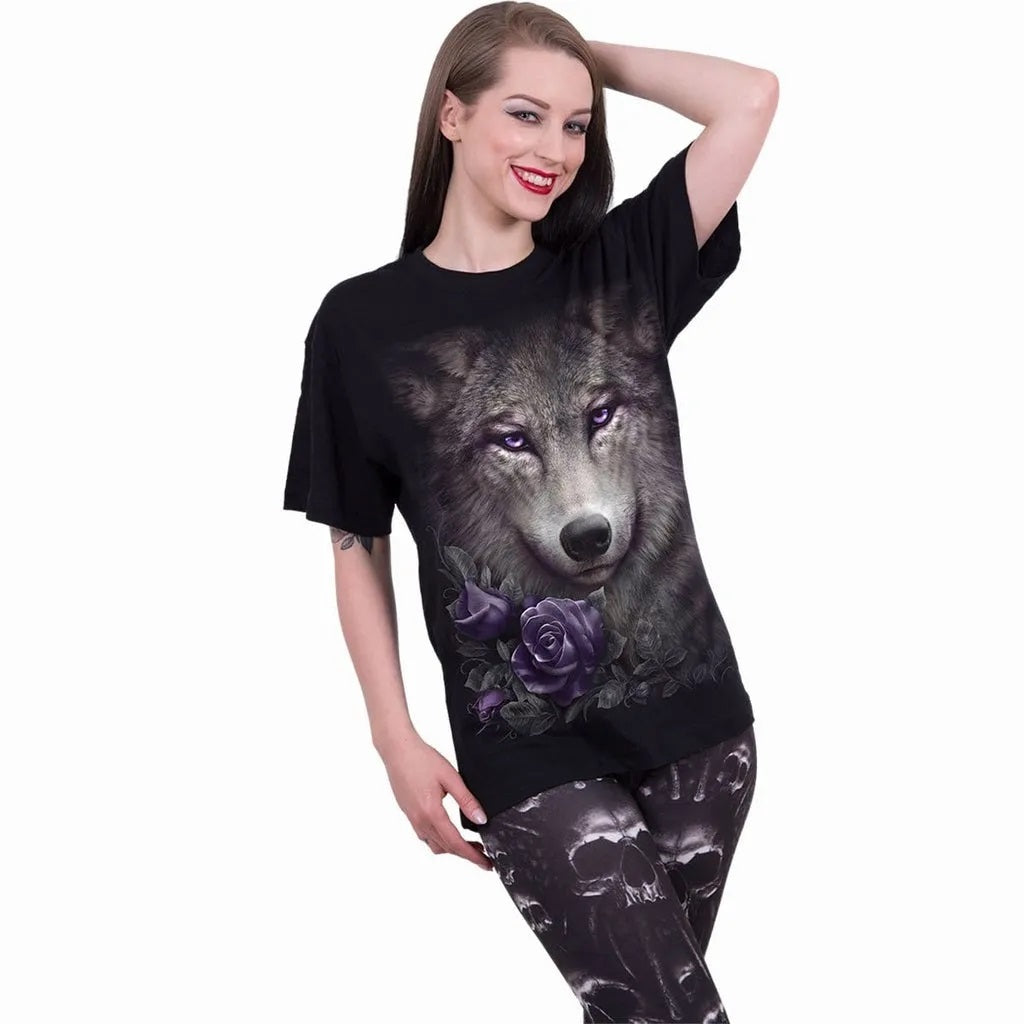 Wolf Roses Front Print Black &amp; Purple Unisex T-Shirt-Womens Tops-Scarlett Dawn