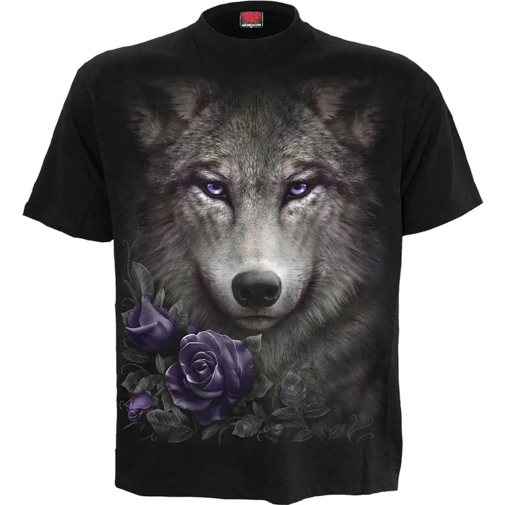 Wolf Roses Front Print Black &amp; Purple Unisex T-Shirt-Womens Tops-Scarlett Dawn